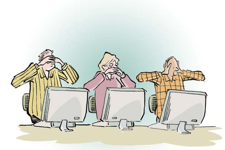 Illustration of three employees sitting in front of a computer screen. The first employee is covering their eyes, the second is covering their mouth, and the third is covering their ears. 